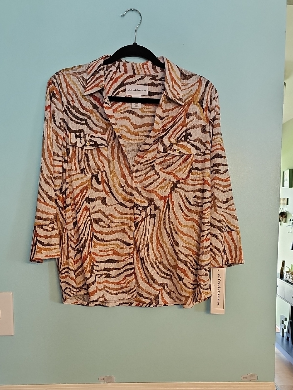 Alfred Dunner Cream and Brown Animal-Print Button-Front Blouse